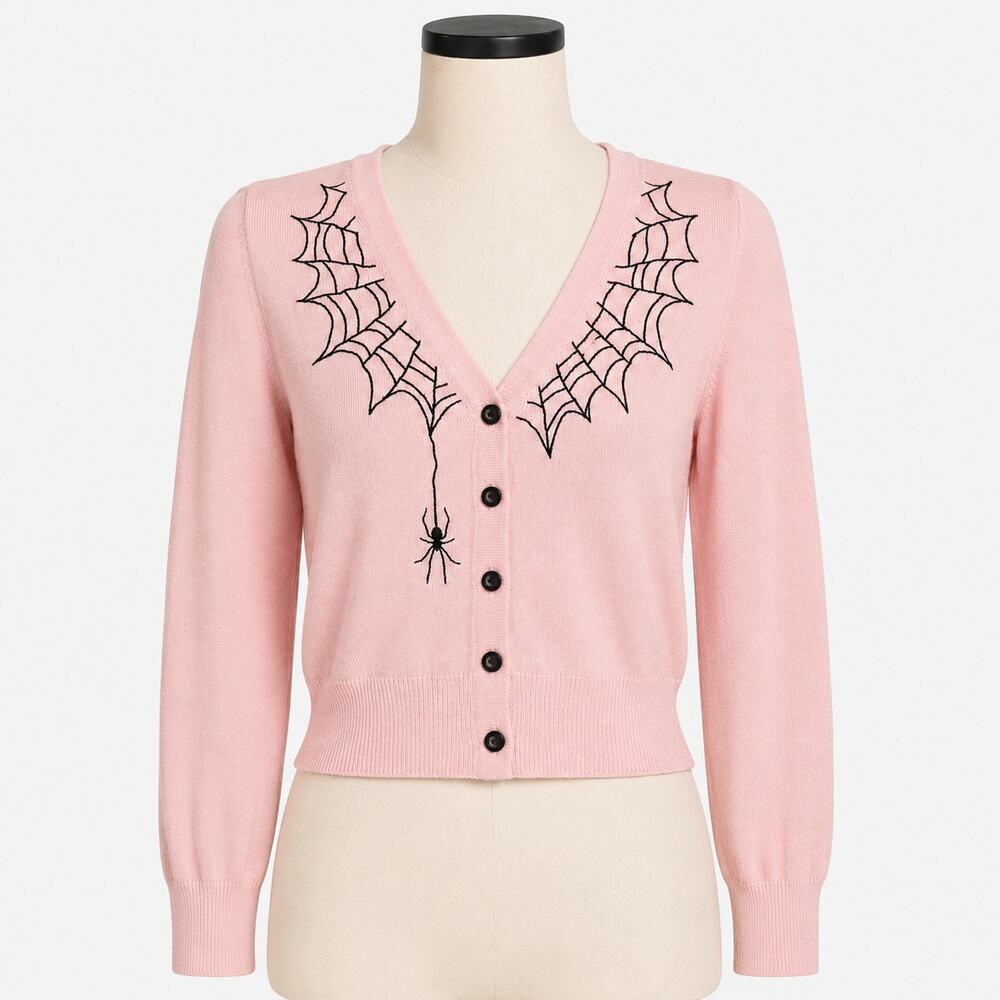Dolls Kill Widow Pink Spiderweb Embroidered Cardigan Women's XS Goth NWT